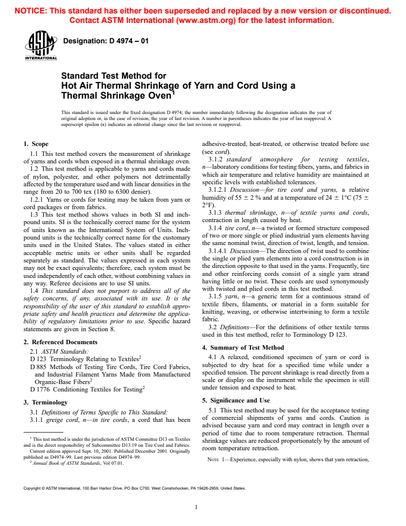 ASTM D4974-01 - Standard Test Method for Thermal Shrinkage of Yarn and Cord Using a Thermal Shrinkage Oven