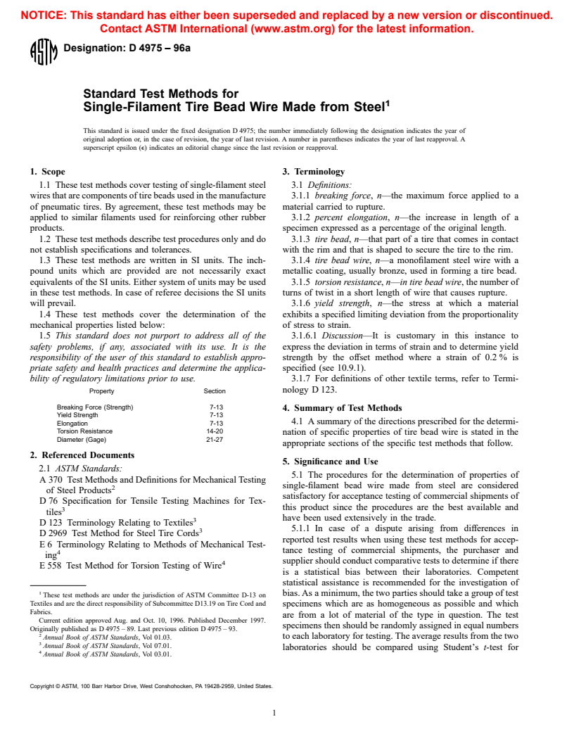 ASTM D4975-96a - Standard Test Methods for Single-Filament Tire Bead Wire Made from Steel