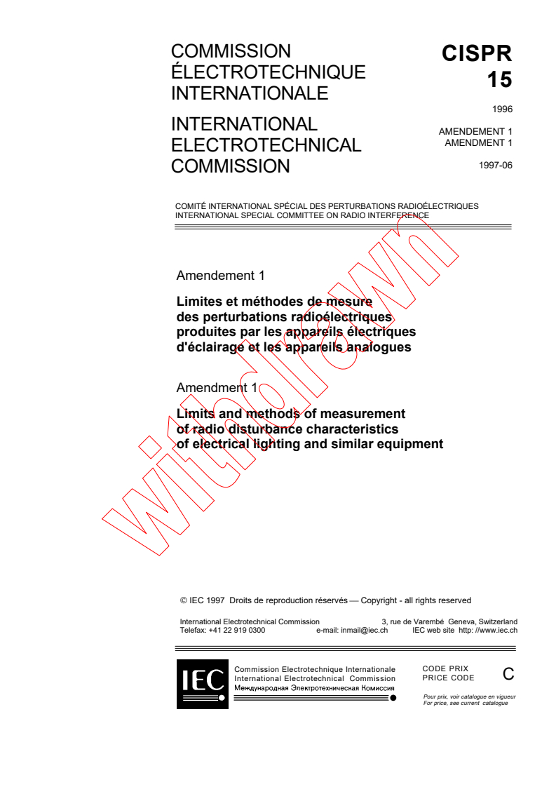 CISPR 15:1996/AMD1:1997 - Amendment 1 - Limits and methods of measurement of radio disturbance characteristics of electrical lighting and similar equipment
Released:6/17/1997
Isbn:2831839084