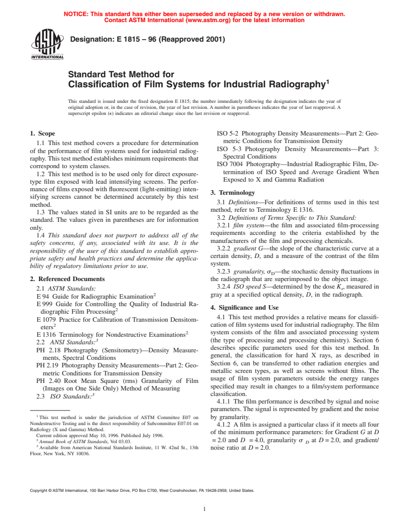 ASTM E1815-96(2001) - Standard Test Method for Classification of Film Systems for Industrial Radiography