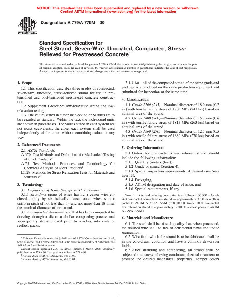 ASTM A779/A779M-00 - Standard Specification for Steel Strand, Seven-Wire, Uncoated, Compacted, Stress-Relieved for Prestressed Concrete