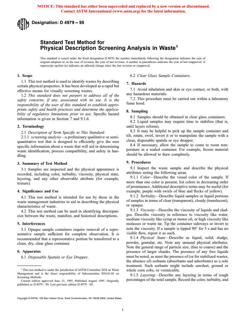 ASTM D4979-95 - Standard Test Method for Physical Description Screening Analysis in Waste