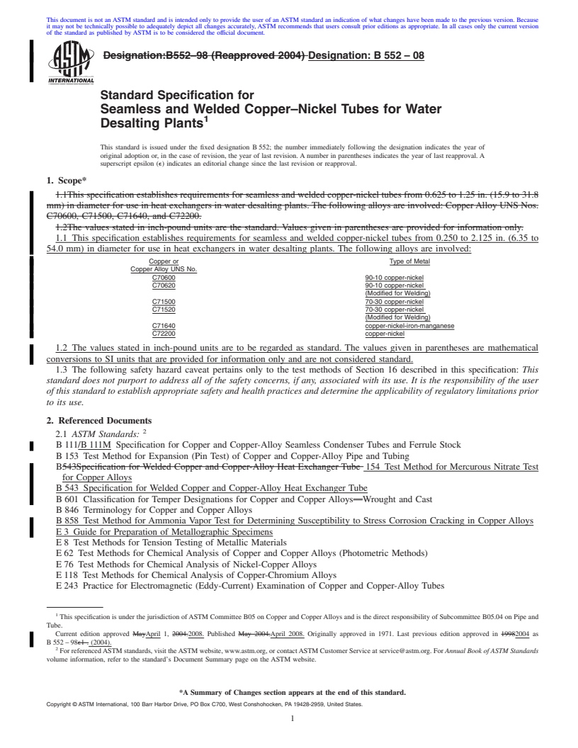 REDLINE ASTM B552-08 - Standard Specification for Seamless and Welded Copper<span class='unicode'>&#x2013;</span>Nickel Tubes for Water Desalting Plants