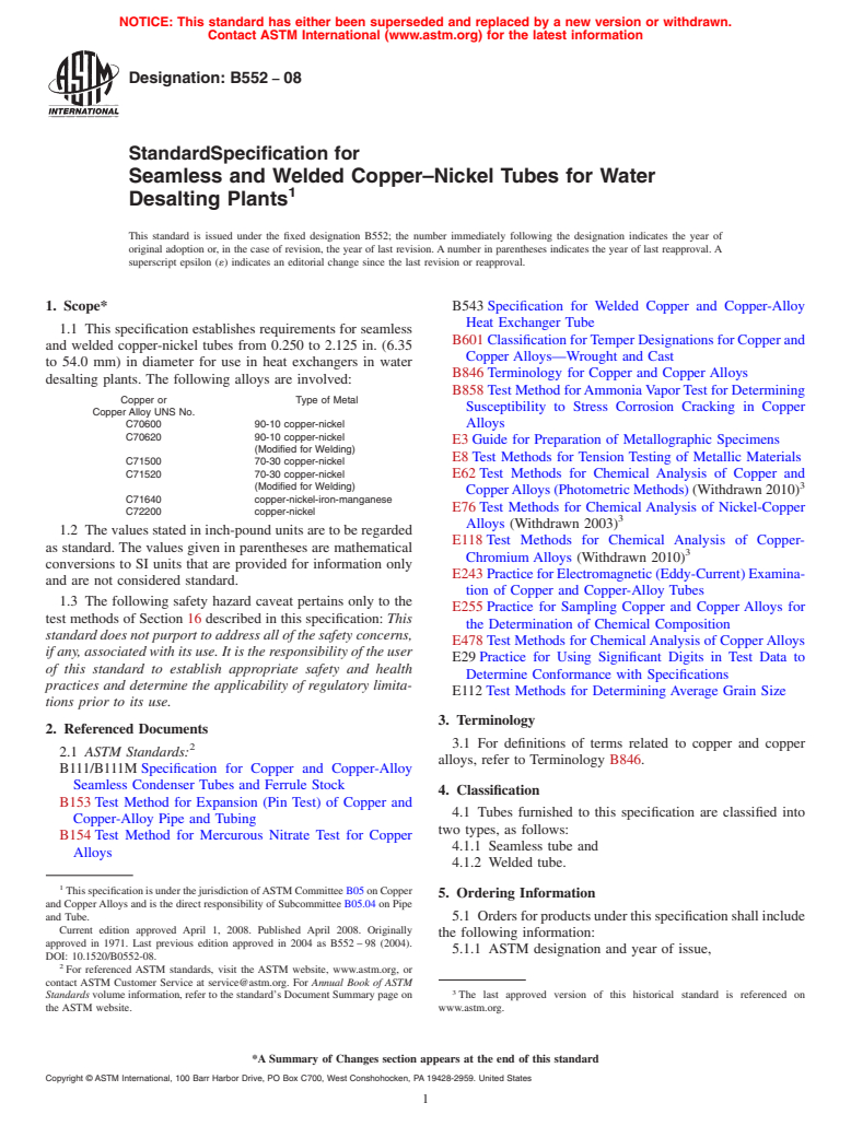 ASTM B552-08 - Standard Specification for Seamless and Welded Copper<span class='unicode'>&#x2013;</span>Nickel Tubes for Water Desalting Plants