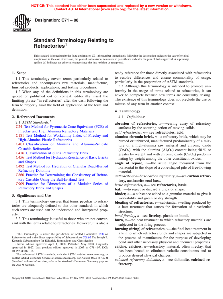 ASTM C71-08 - Standard Terminology Relating to  Refractories