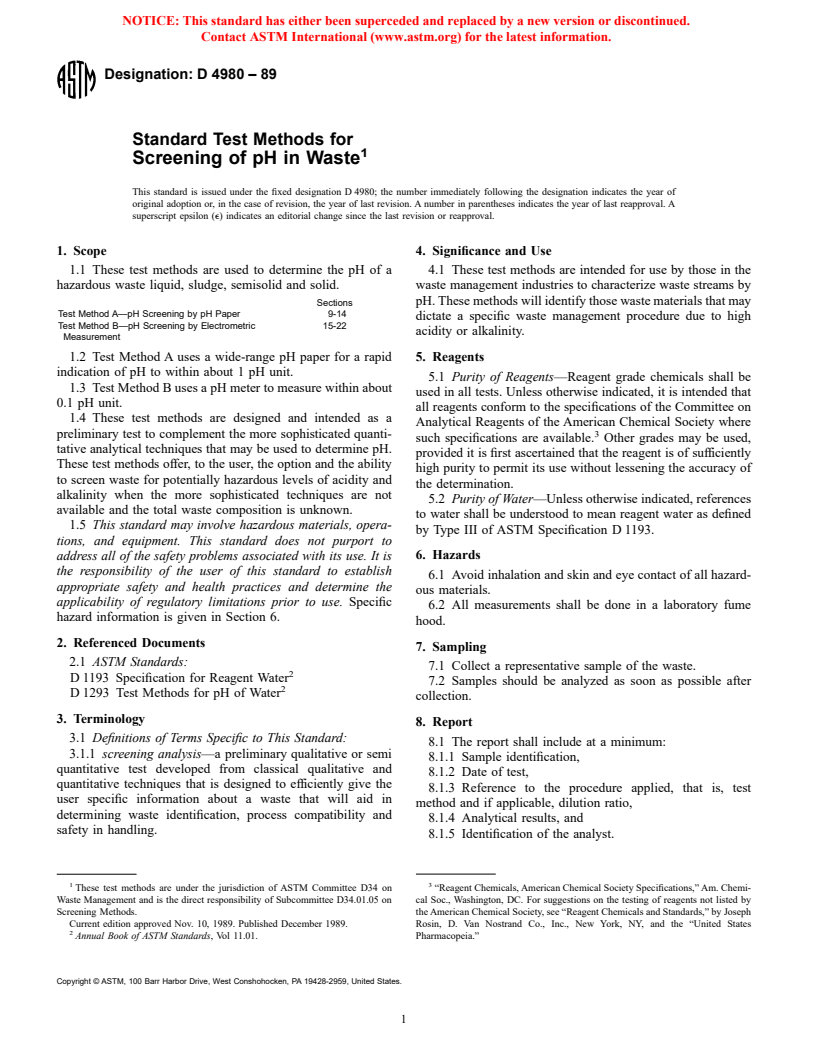 ASTM D4980-89 - Standard Test Methods for Screening of pH in Waste