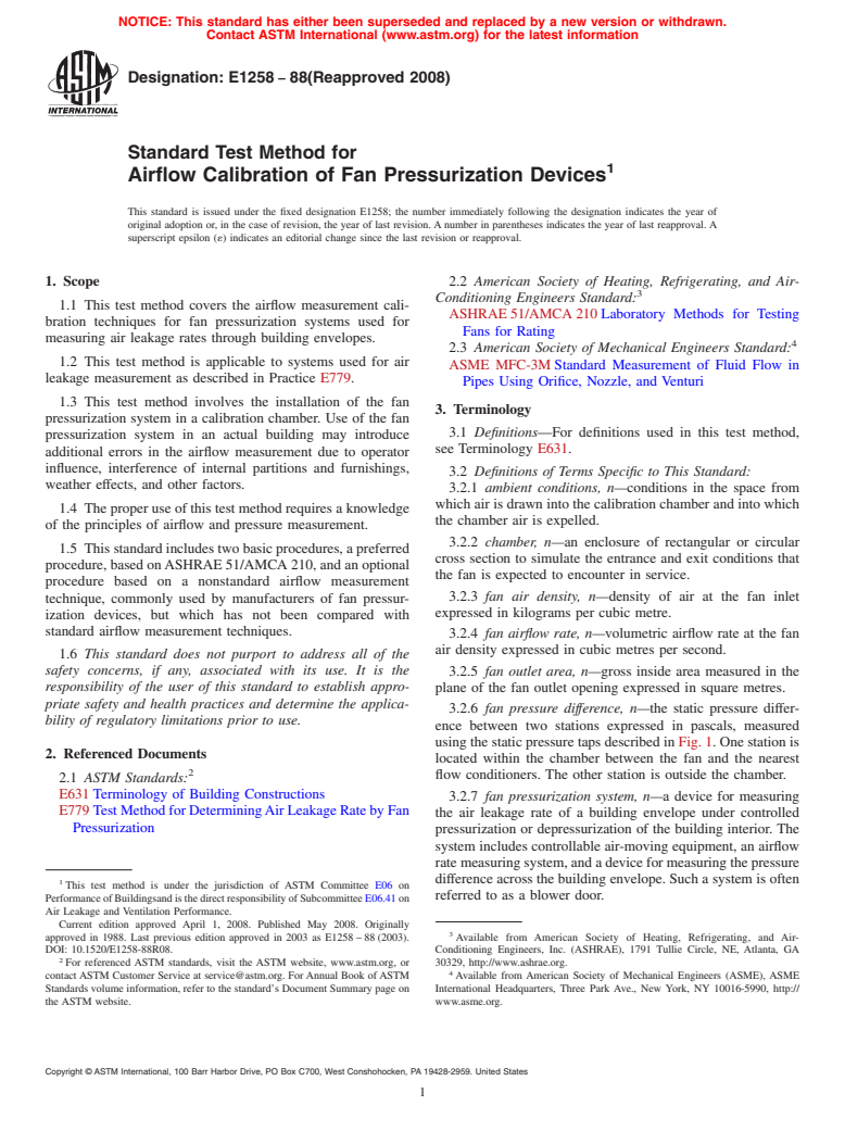 ASTM E1258-88(2008) - Standard Test Method for Airflow Calibration of Fan Pressurization Devices