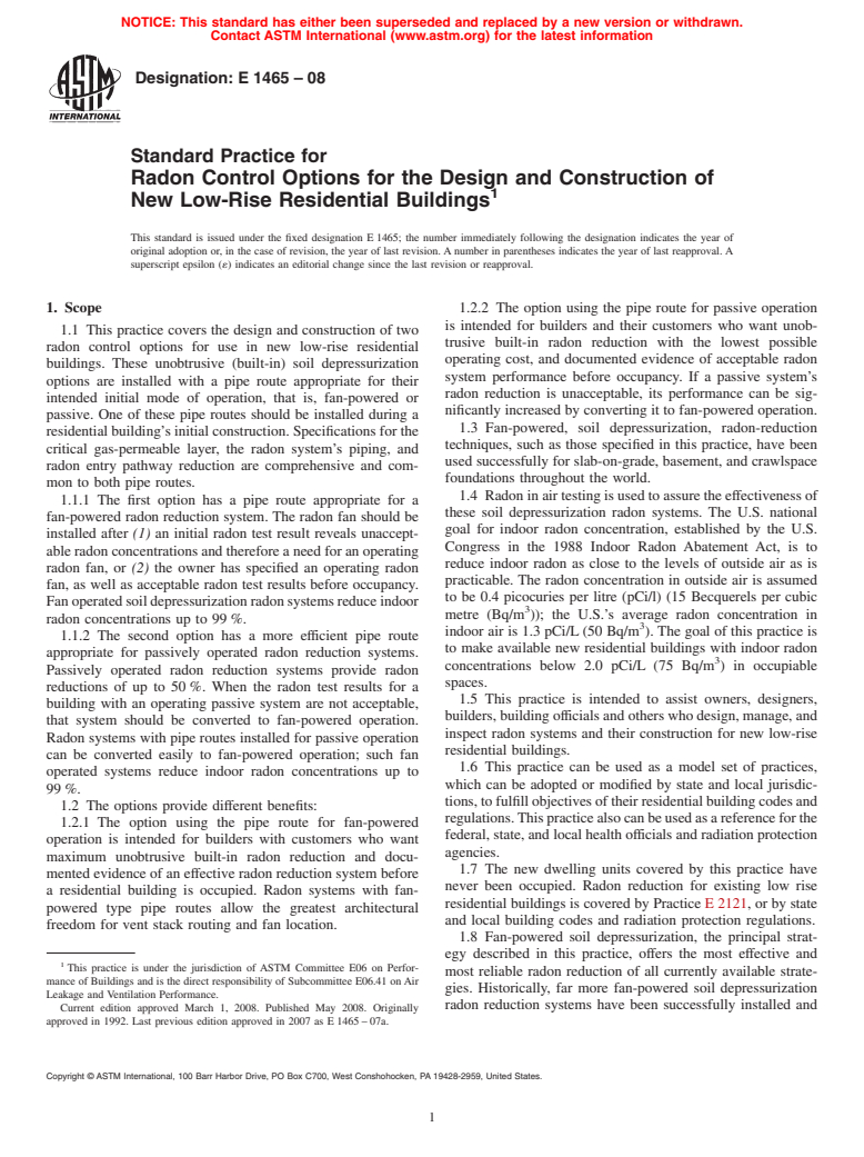 ASTM E1465-08 - Standard Practice for Radon Control Options for the Design and Construction of New Low-Rise  Residential Buildings