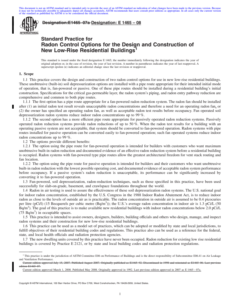 REDLINE ASTM E1465-08 - Standard Practice for Radon Control Options for the Design and Construction of New Low-Rise  Residential Buildings