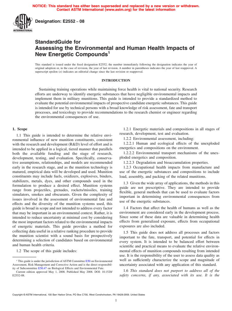 ASTM E2552-08 - Standard Guide for Assessing the Environmental and Human Health Impacts of New Energetic Compounds