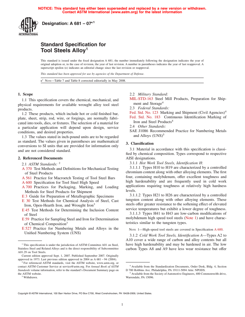 ASTM A681-07e1 - Standard Specification for  Tool Steels Alloy