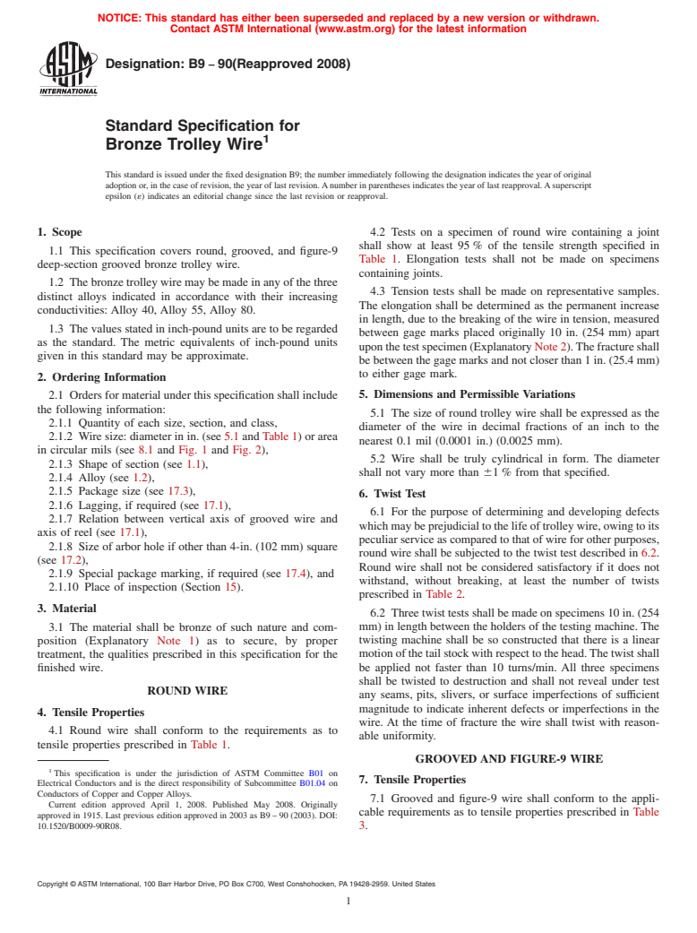 ASTM B9-90(2008) - Standard Specification for  Bronze Trolley Wire