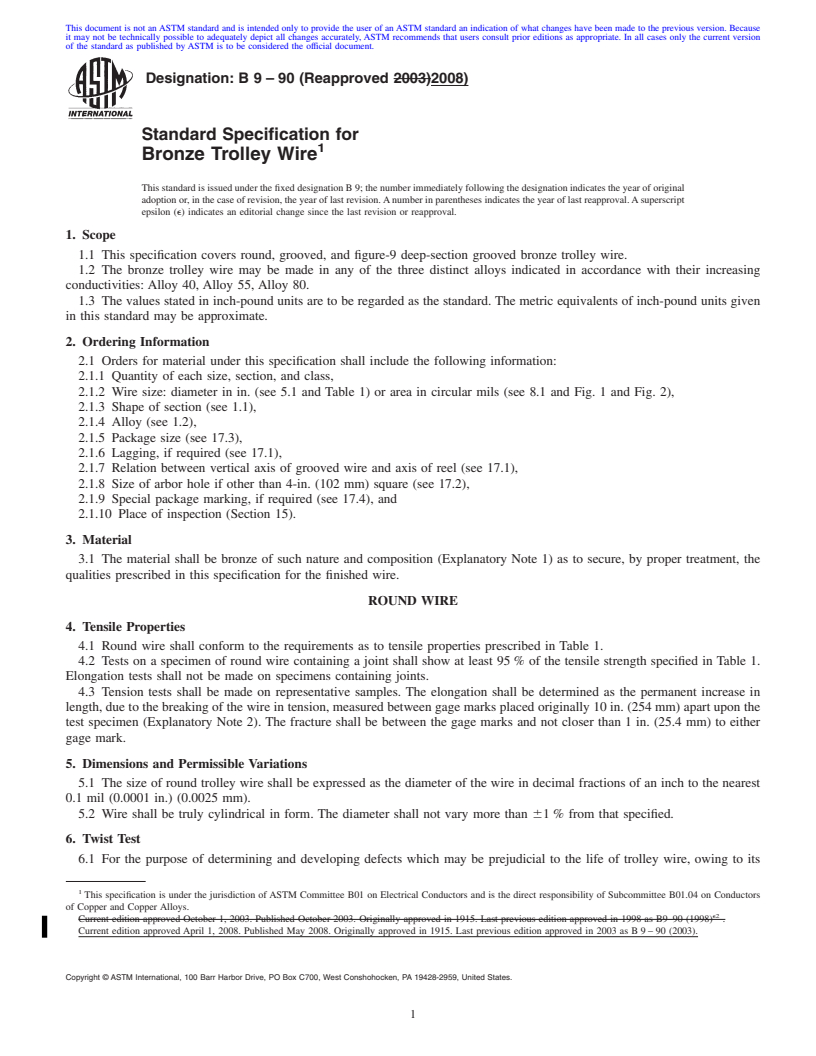 REDLINE ASTM B9-90(2008) - Standard Specification for  Bronze Trolley Wire