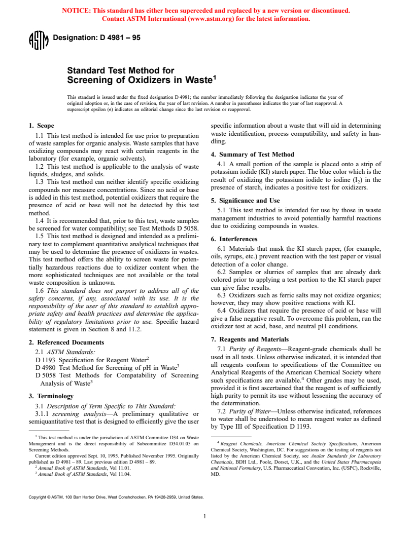 ASTM D4981-95 - Standard Test Method for Screening of Oxidizers in Waste