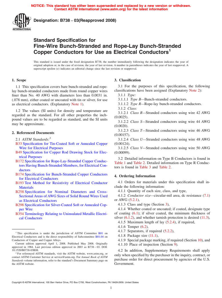 ASTM B738-03(2008) - Standard Specification for  Fine-Wire Bunch-Stranded and Rope-Lay Bunch-Stranded Copper Conductors for Use as Electrical Conductors