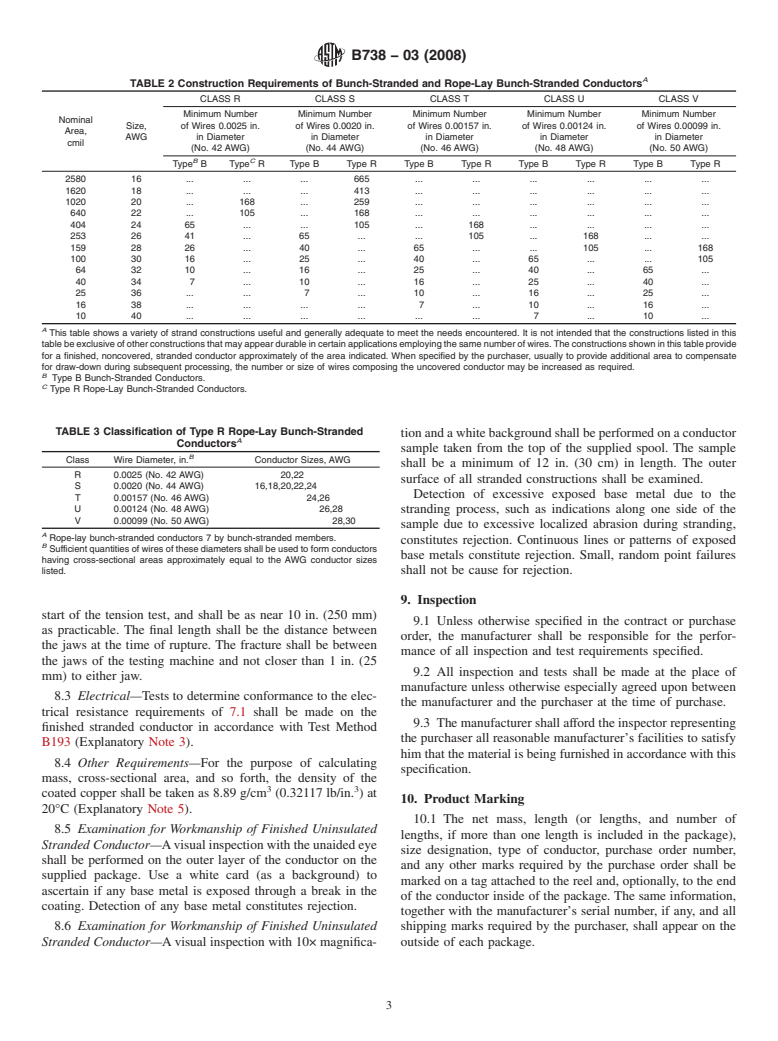 ASTM B738-03(2008) - Standard Specification for  Fine-Wire Bunch-Stranded and Rope-Lay Bunch-Stranded Copper Conductors for Use as Electrical Conductors