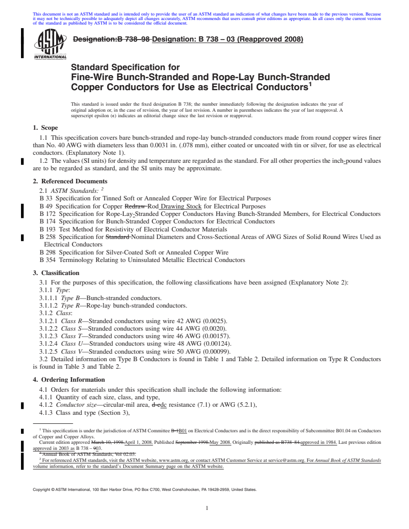 REDLINE ASTM B738-03(2008) - Standard Specification for  Fine-Wire Bunch-Stranded and Rope-Lay Bunch-Stranded Copper Conductors for Use as Electrical Conductors