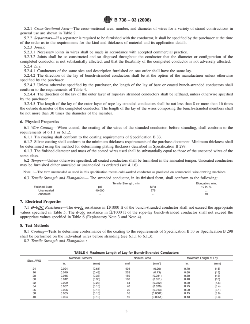 REDLINE ASTM B738-03(2008) - Standard Specification for  Fine-Wire Bunch-Stranded and Rope-Lay Bunch-Stranded Copper Conductors for Use as Electrical Conductors