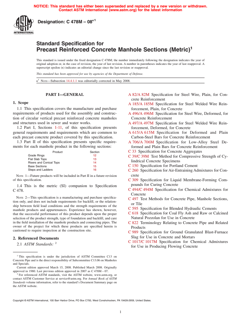 ASTM C478M-08e1 - Standard Specification for Precast Reinforced Concrete Manhole Sections (Metric)