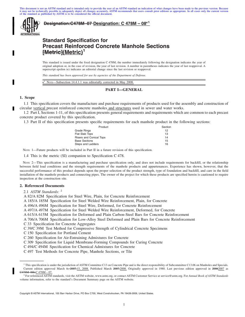 REDLINE ASTM C478M-08e1 - Standard Specification for Precast Reinforced Concrete Manhole Sections (Metric)