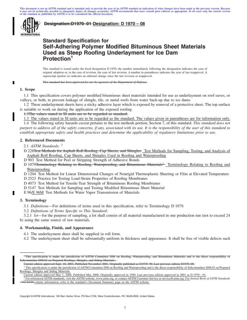 REDLINE ASTM D1970-08 - Standard Specification for Self-Adhering Polymer Modified Bituminous Sheet Materials Used as Steep Roofing Underlayment for Ice Dam Protection