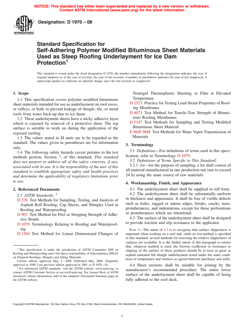 ASTM D1970-08 - Standard Specification for Self-Adhering Polymer Modified Bituminous Sheet Materials Used as Steep Roofing Underlayment for Ice Dam Protection