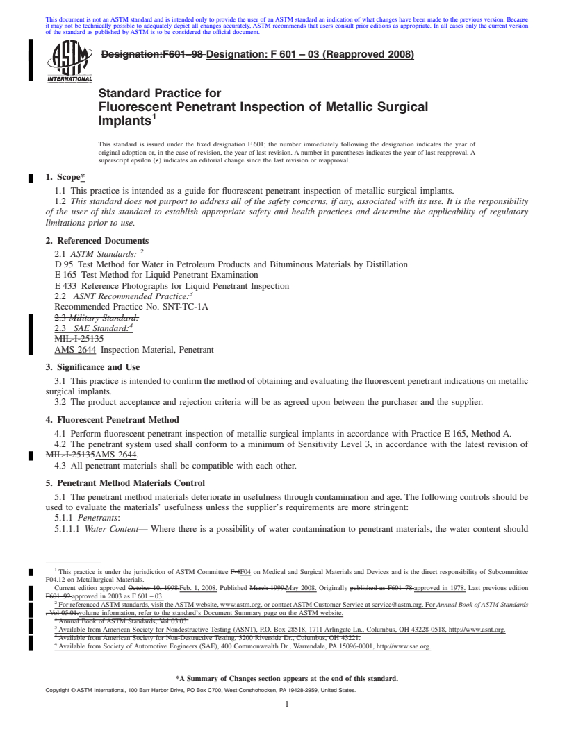 REDLINE ASTM F601-03(2008) - Standard Practice for  Fluorescent Penetrant Inspection of Metallic Surgical Implants