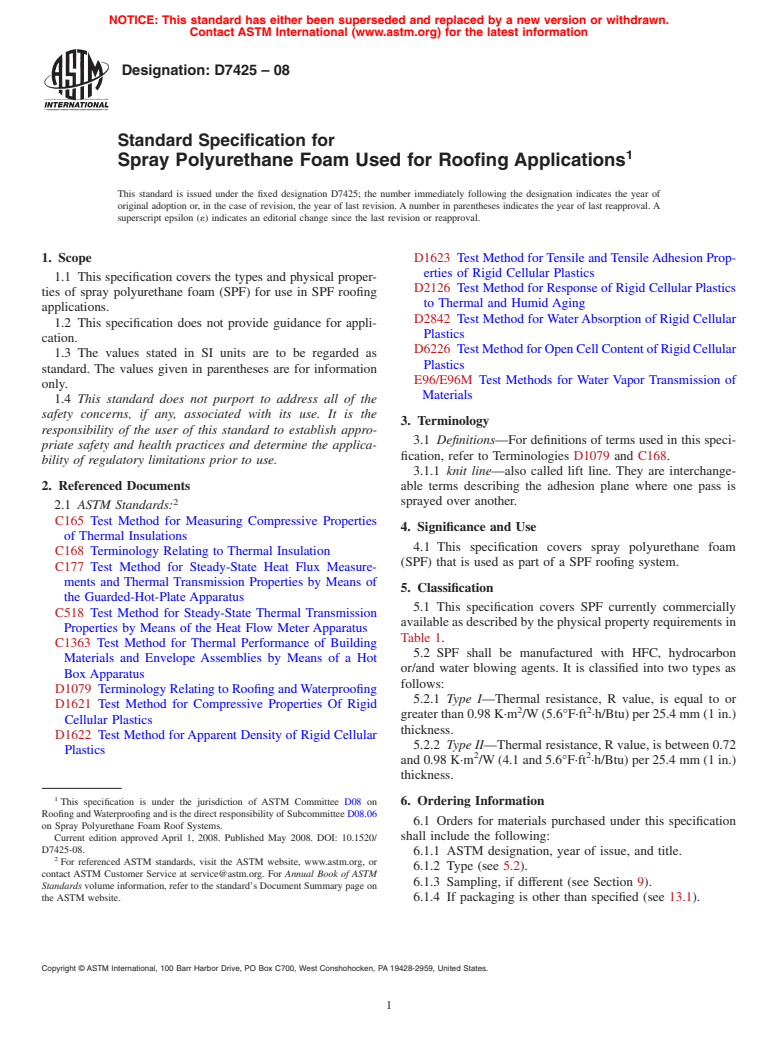 ASTM D7425-08 - Standard Specification for Spray Polyurethane Foam Used for Roofing Applications