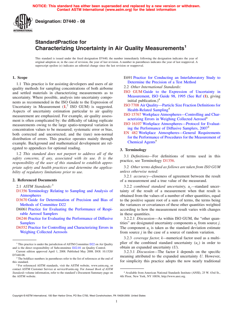 ASTM D7440-08 - Standard Practice for Characterizing Uncertainty in Air Quality Measurements