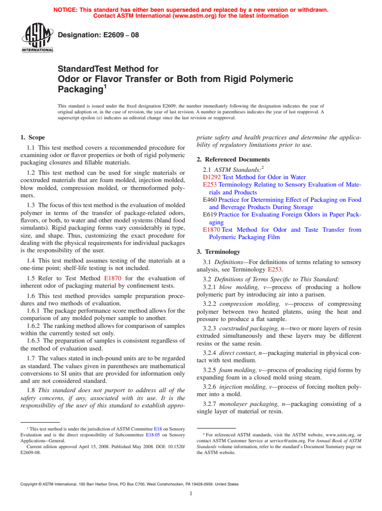 ASTM E2609-08 - Standard Test Method for Odor or Flavor Transfer or Both from Rigid Polymeric Packaging