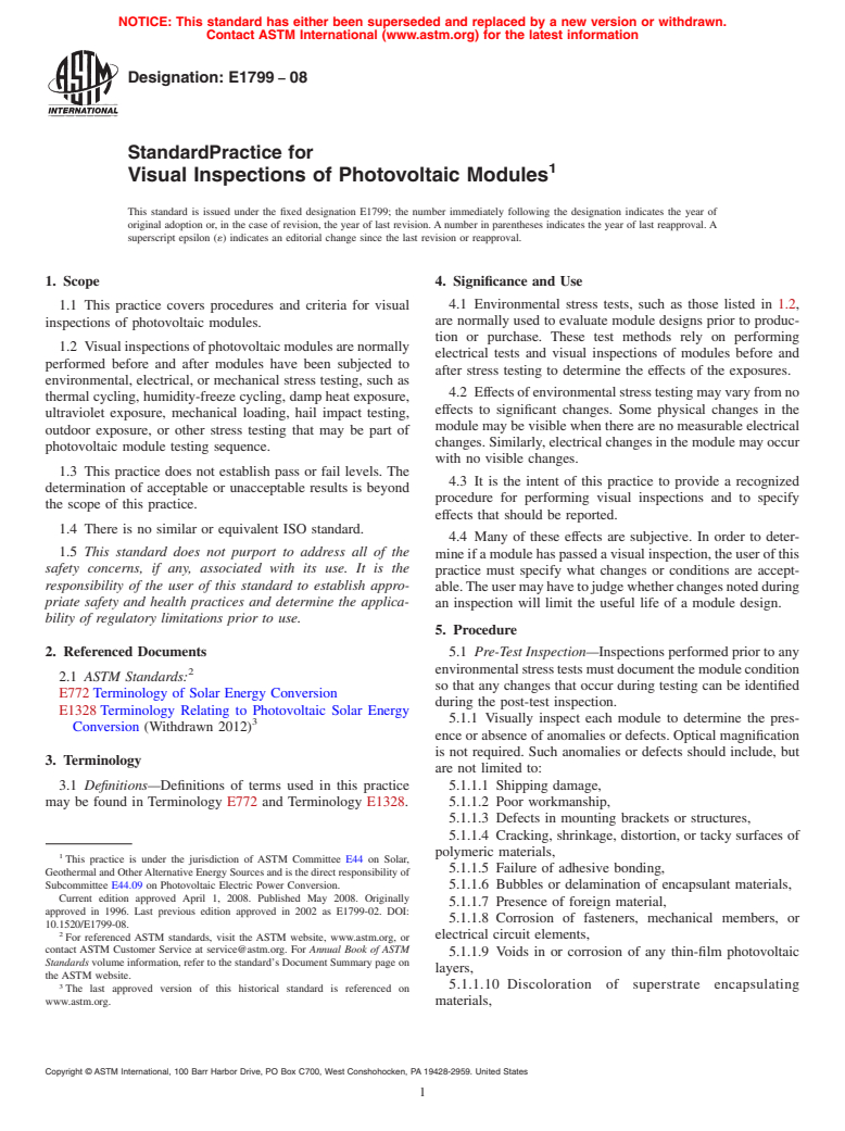 ASTM E1799-08 - Standard Practice for  Visual Inspections of Photovoltaic Modules