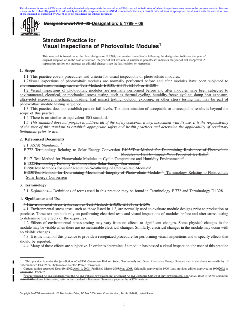 REDLINE ASTM E1799-08 - Standard Practice for  Visual Inspections of Photovoltaic Modules