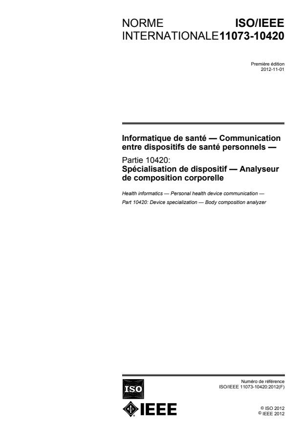 ISO/IEEE 11073-10420:2012 - Informatique de santé -- Communication entre dispositifs de santé personnels