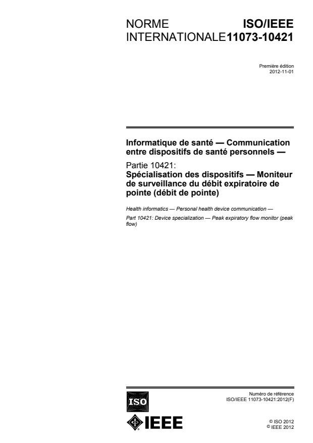 ISO/IEEE 11073-10421:2012 - Informatique de santé -- Communication entre dispositifs de santé personnels