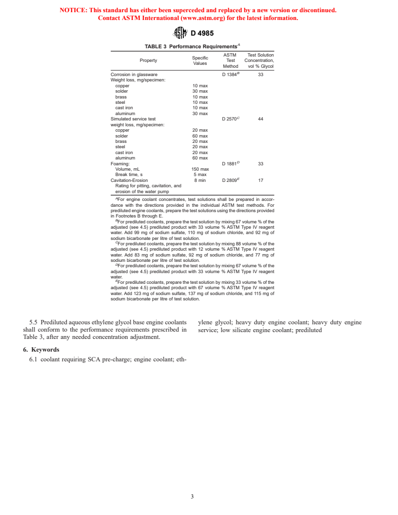 ASTM D4985-00a - Standard Specification for Low Silicate Ethylene Glycol Base Engine Coolant for Heavy Duty Engines Requiring a Pre-Charge of Supplemental Coolant Additive (SCA)