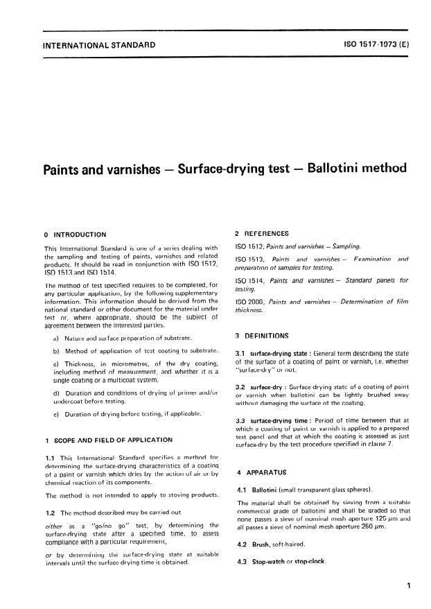 ISO 1517:1973 - Paints and varnishes -- Surface-drying test -- Ballotini method