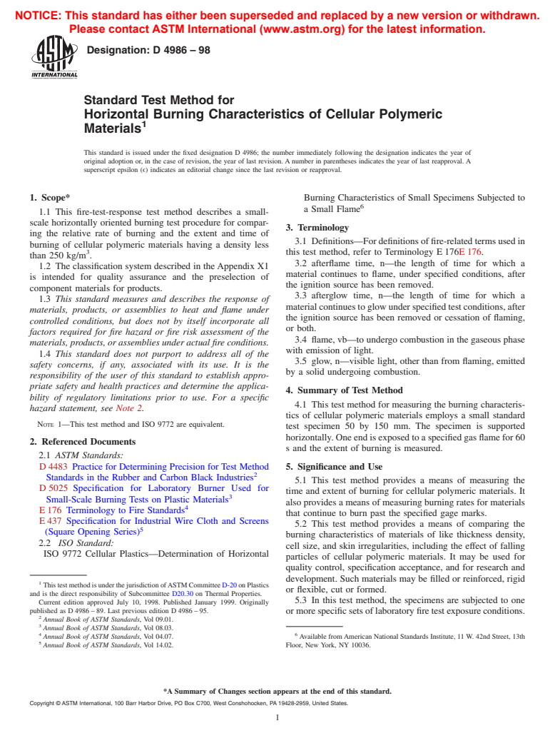 ASTM D4986-98 - Standard Test Method for Horizontal Burning Characteristics of Cellular Polymeric Materials