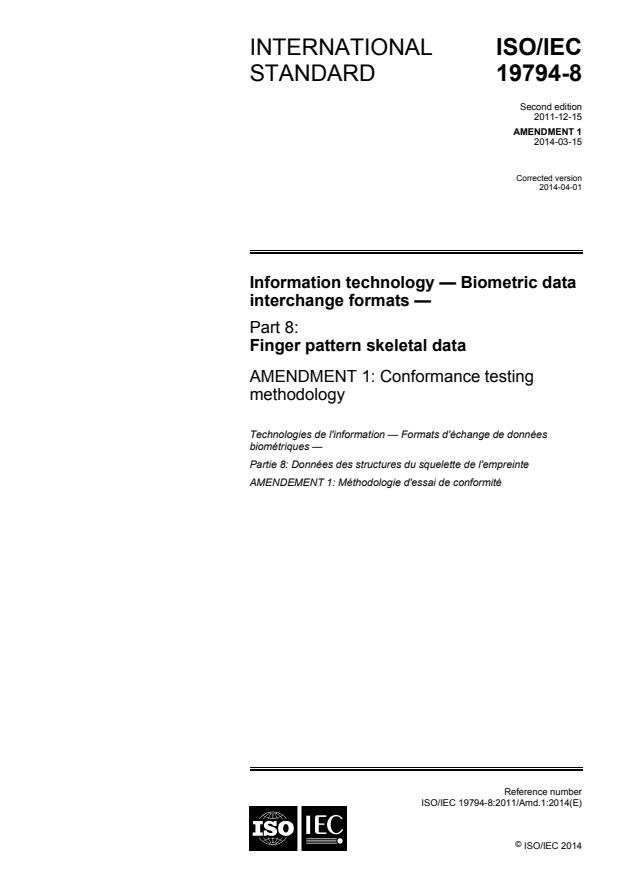 ISO/IEC 19794-8:2011/Amd 1:2014 - Conformance testing methodology