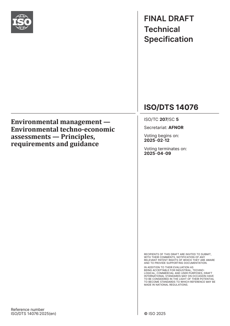 ISO/DTS 14076 - Environmental management — Environmental techno-economic assessments — Principles, requirements and guidance
Released:29. 01. 2025