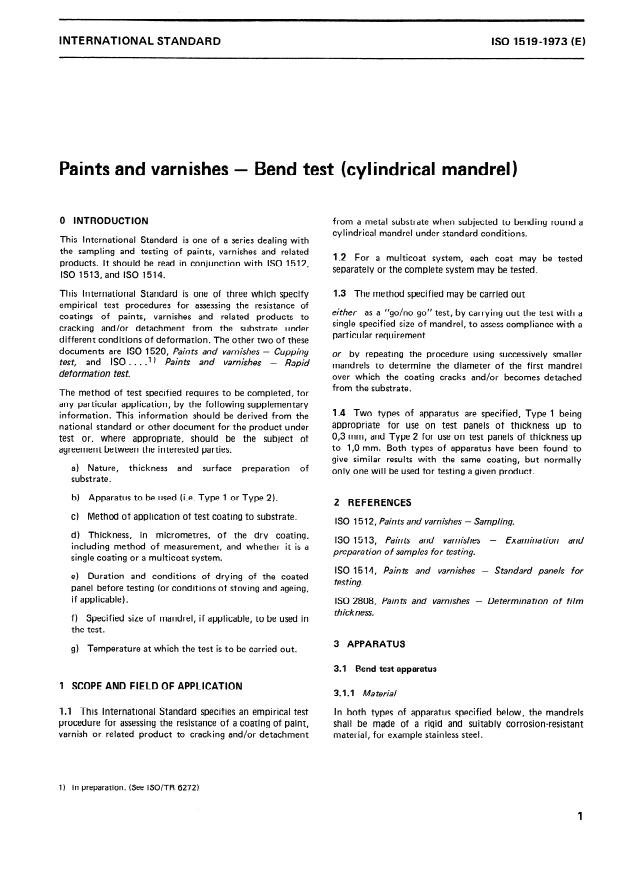 ISO 1519:1973 - Paints and varnishes -- Bend test (cylindrical mandrel)