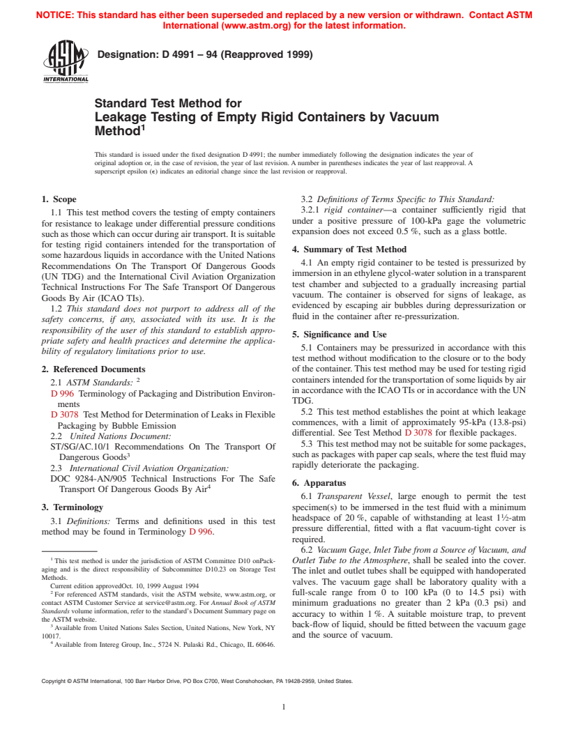 ASTM D4991-94(1999) - Standard Test Method for Leakage Testing of Empty Rigid Containers by Vacuum Method