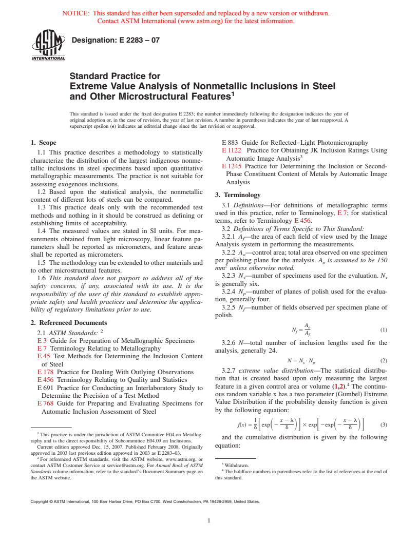 ASTM E2283-07 - Standard Practice for Extreme Value Analysis of Nonmetallic Inclusions in Steel and Other Microstructural Features