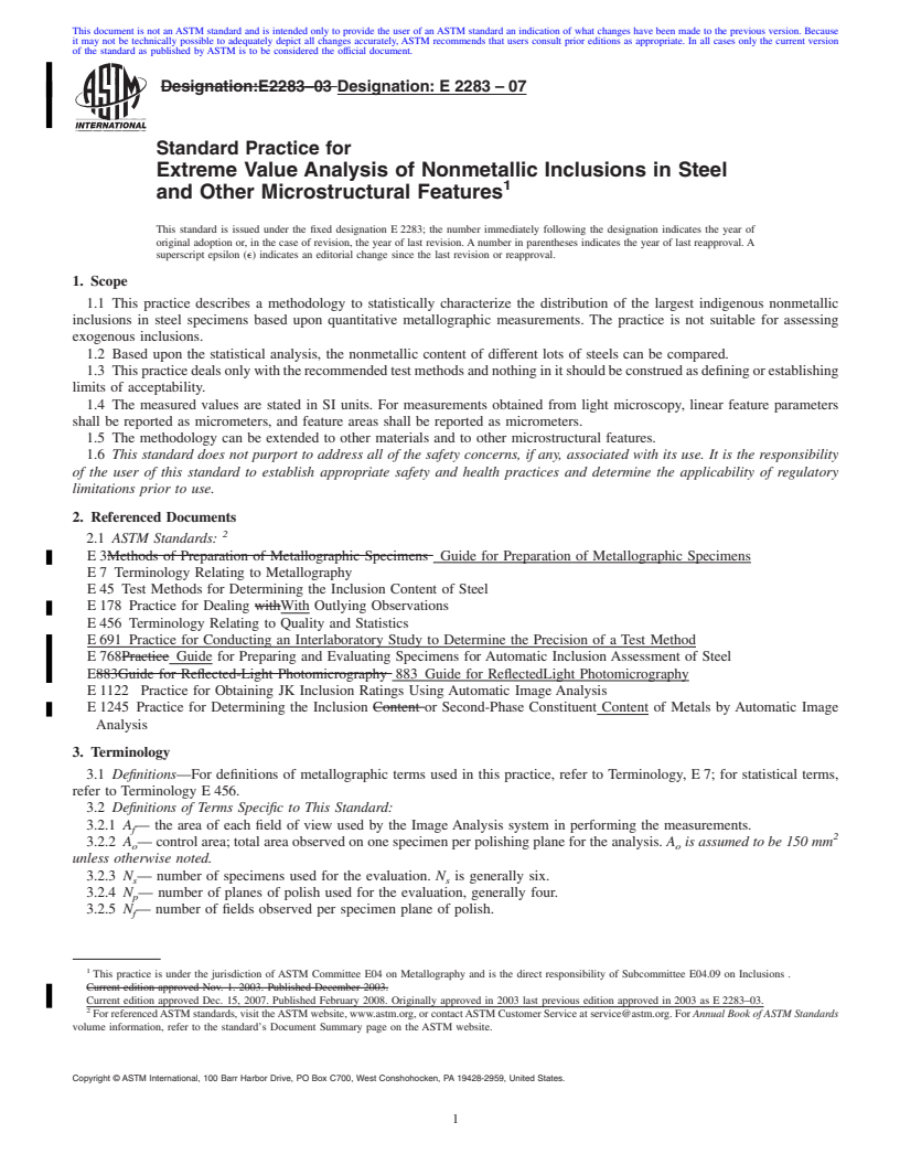 REDLINE ASTM E2283-07 - Standard Practice for Extreme Value Analysis of Nonmetallic Inclusions in Steel and Other Microstructural Features