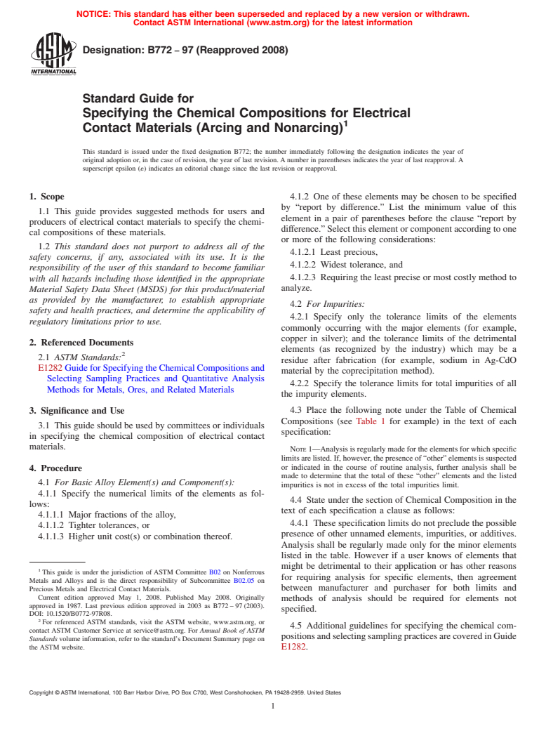 ASTM B772-97(2008) - Standard Guide for  Specifying the Chemical Compositions for Electrical Contact Materials   (Arcing and Nonarcing)