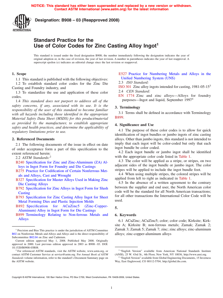 ASTM B908-03(2008) - Standard Practice for the Use of Color Codes for Zinc Casting Alloy Ingot