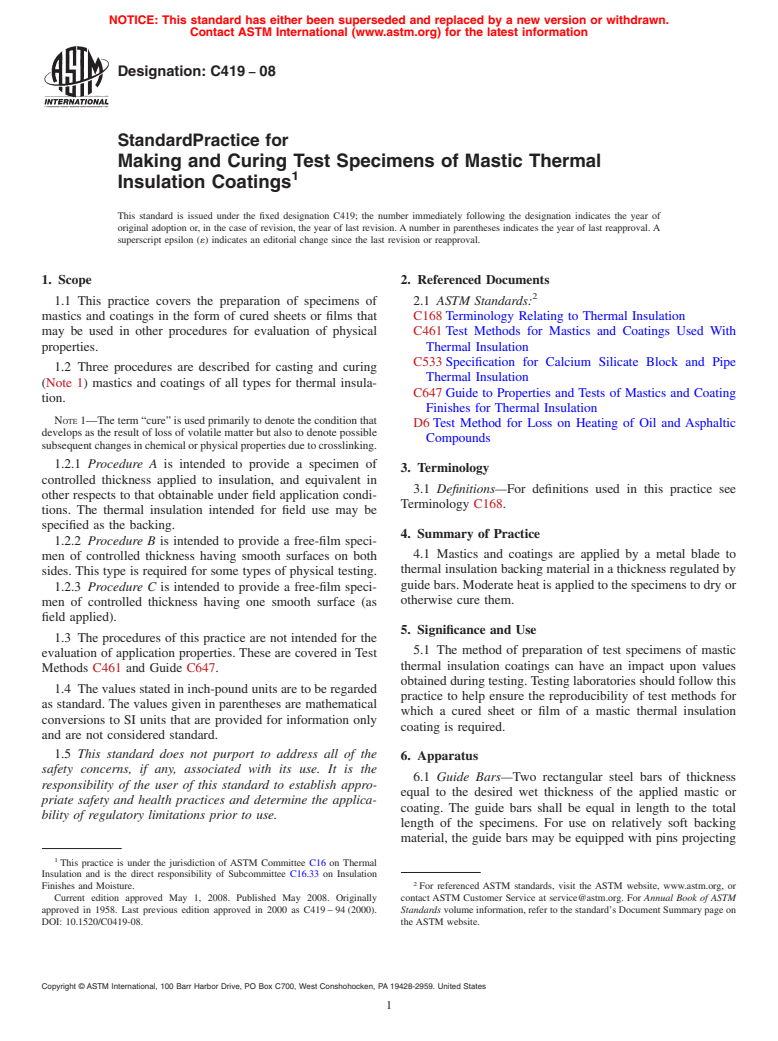 ASTM C419-08 - Standard Practice for  Making and Curing Test Specimens of Mastic Thermal Insulation Coatings