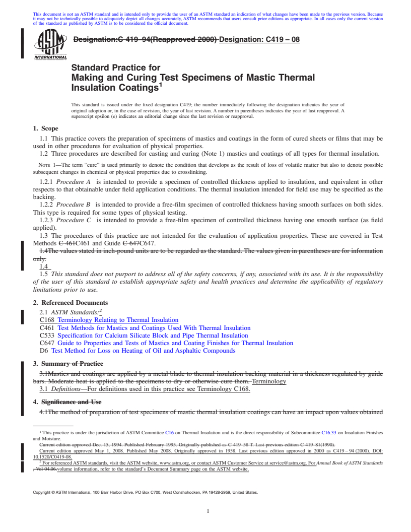 REDLINE ASTM C419-08 - Standard Practice for  Making and Curing Test Specimens of Mastic Thermal Insulation Coatings