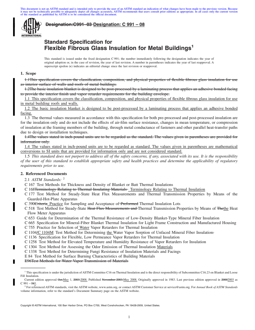 REDLINE ASTM C991-08 - Standard Specification for  Flexible Fibrous Glass Insulation for Metal Buildings