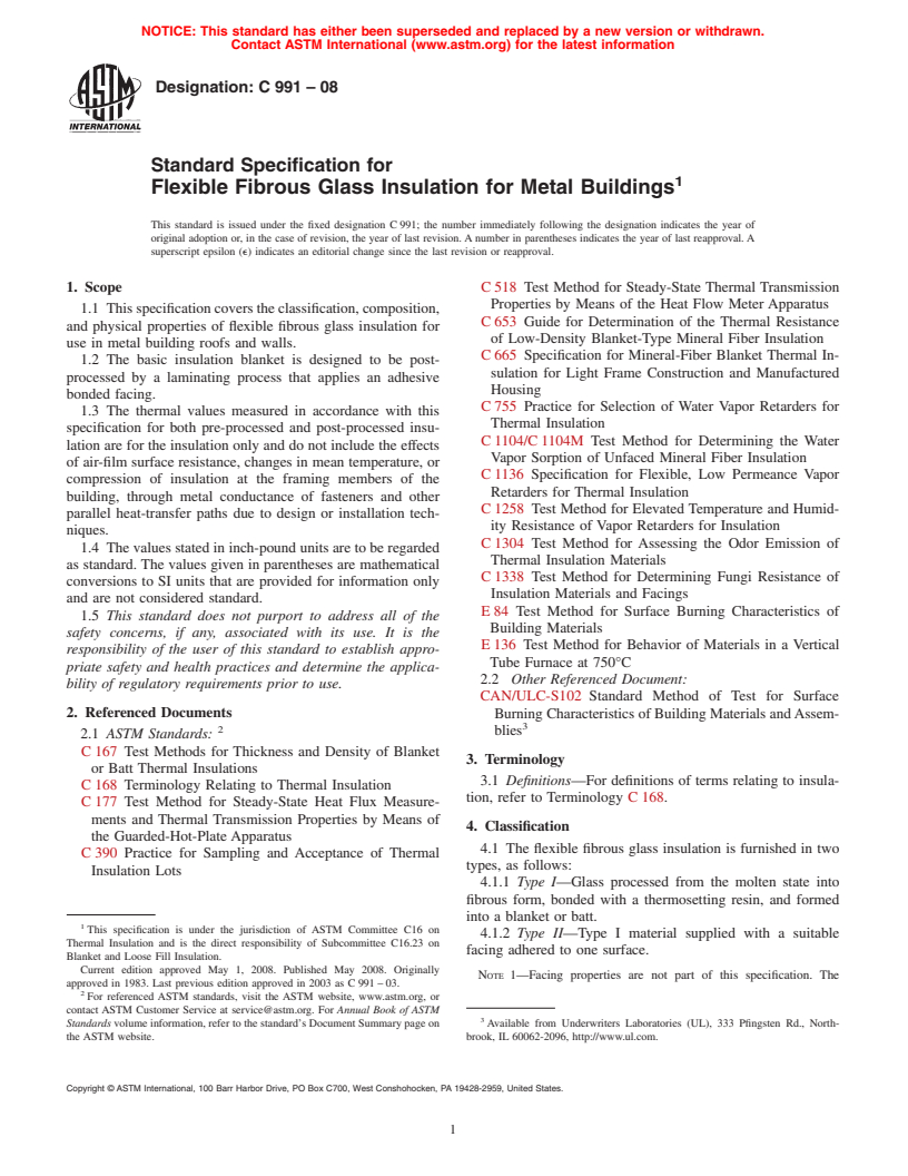 ASTM C991-08 - Standard Specification for  Flexible Fibrous Glass Insulation for Metal Buildings