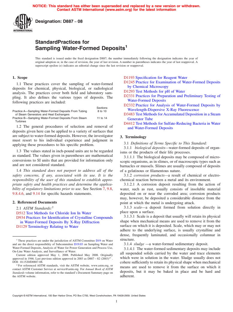 ASTM D887-08 - Standard Practices for  Sampling Water-Formed Deposits